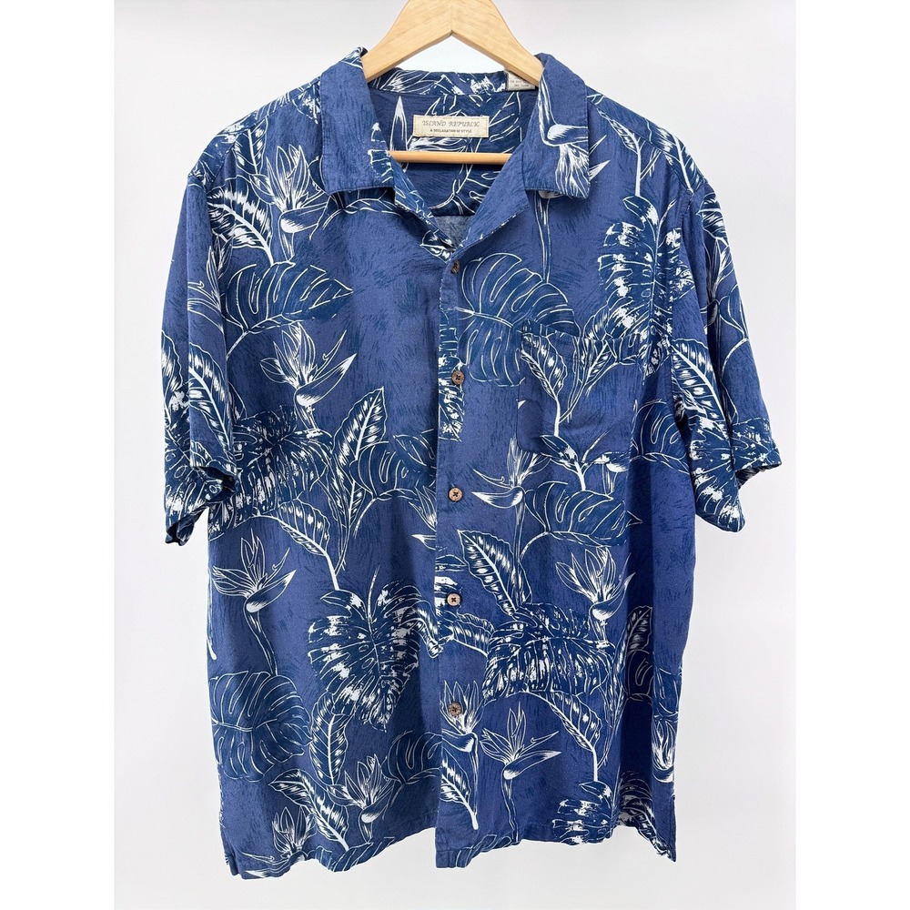 Island Republic Camp Shirt Mens XXL Blue Silk Blend Tropical Floral